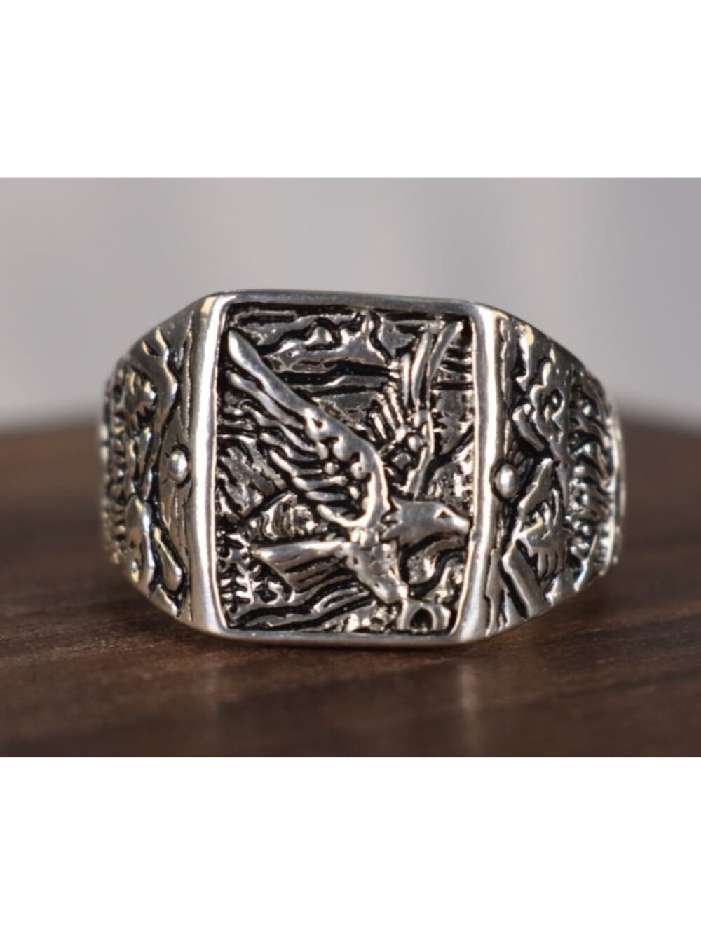 Vintage Sterling Silver 925 Soaring Eagle Mountain Landscape Statement Ring